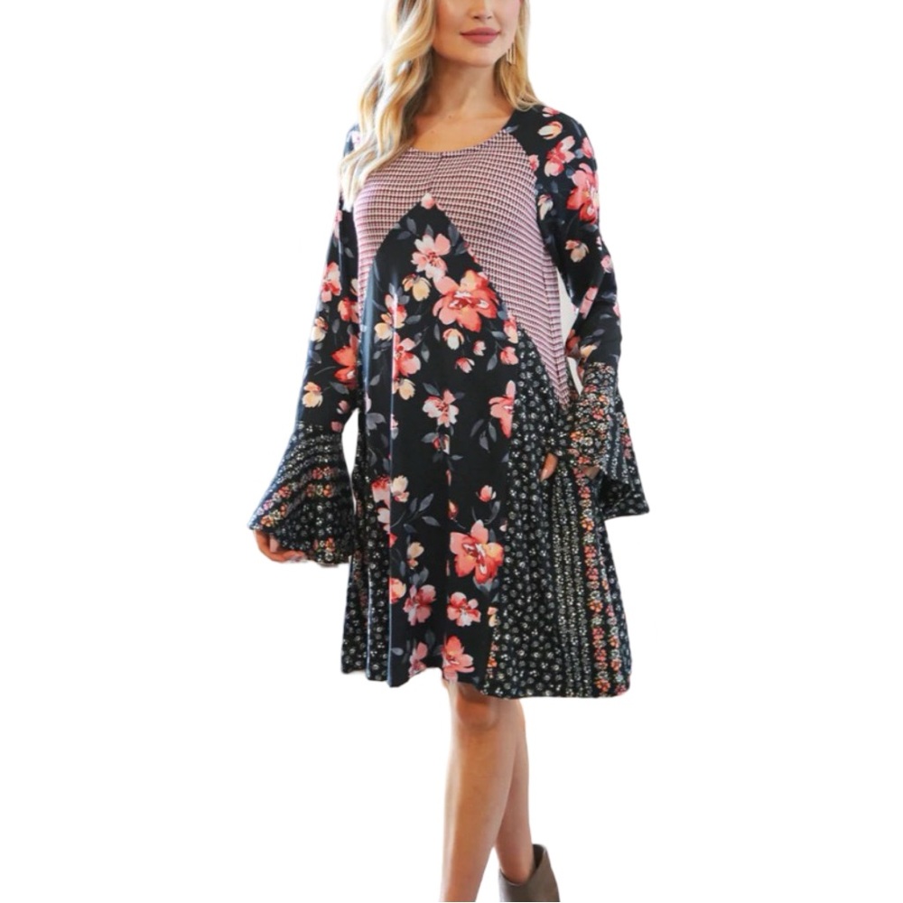 NEW SUGARFOX BLACK FLORAL TWO TONE COLOR BLOCK FIT & FLARE MIDI DRESS